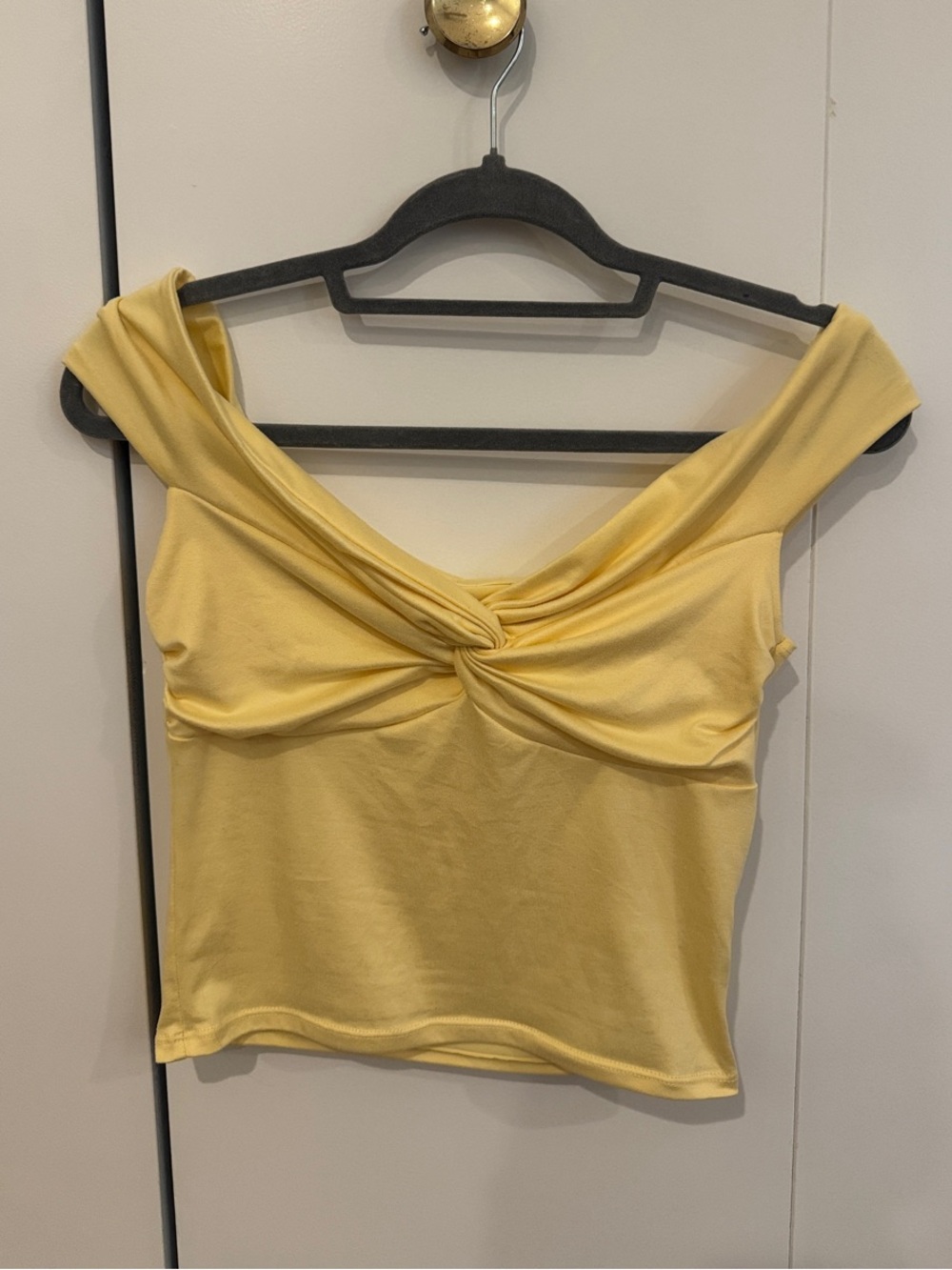 American Threads Pale Yellow Twist-Front Crop Top